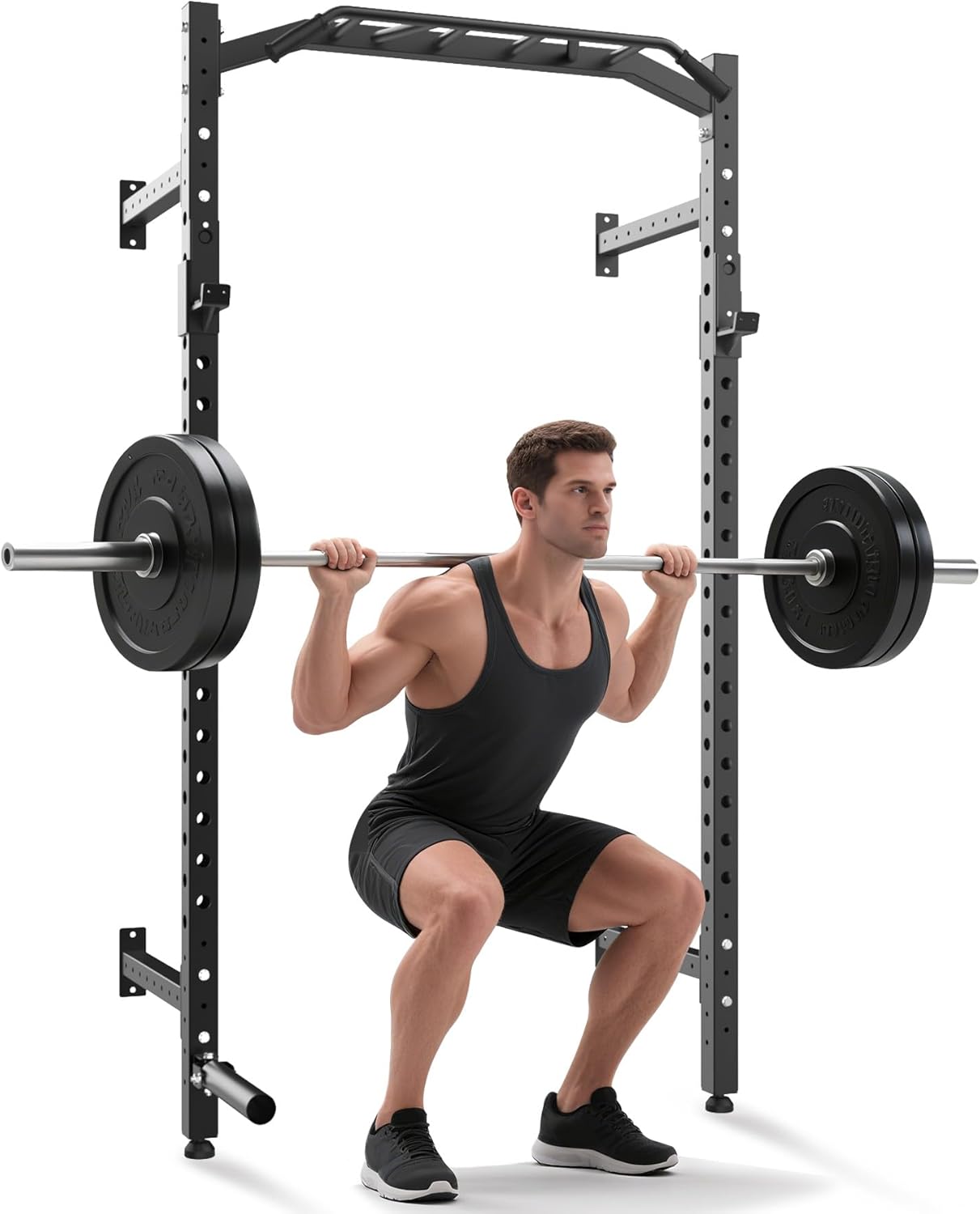 Garvee Wall Mounted Power Rack, 1600LB Commercial Squat Rack for Home Gym with Multi-Grip Pull Up Bar, j-Cups & Landmine Attachment for Home and Garage Gym