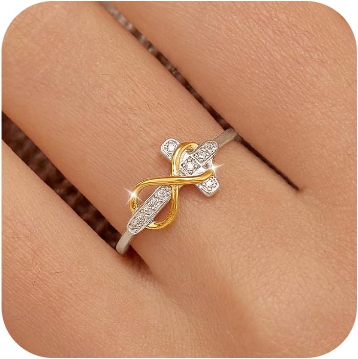 Cross Ring for Women 925 Sterling Silver CZ Cross Hope Infinite Love Knot Ring 14K Gold Plated Eternity Band Promise Rings Christian Baptism Jewelry to Daughter Mom Valentines Day Gifts for Her