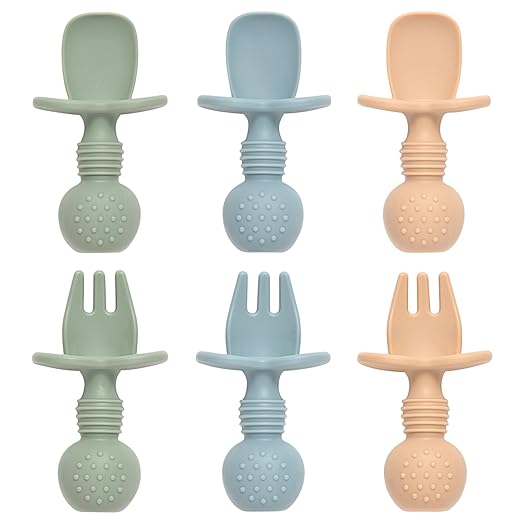 Baby Spoons and Forks Feeding Set, 6 Pack Silicone First Stage Self Feeding Toddler Utensils, BPA Free, Baby Led Weaning Supplies for Training Spoons