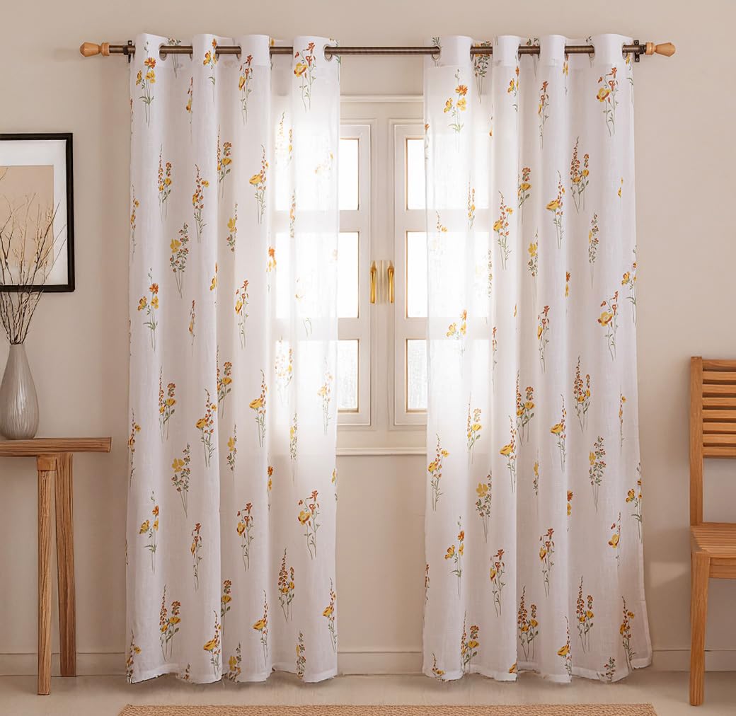 HOMEMONDE Sheer Door 7 Feet Curtains Set of 2- Printed Sheer Light Filtering Curtain with Eyelets - (84 Inches, Opulent Bloom)