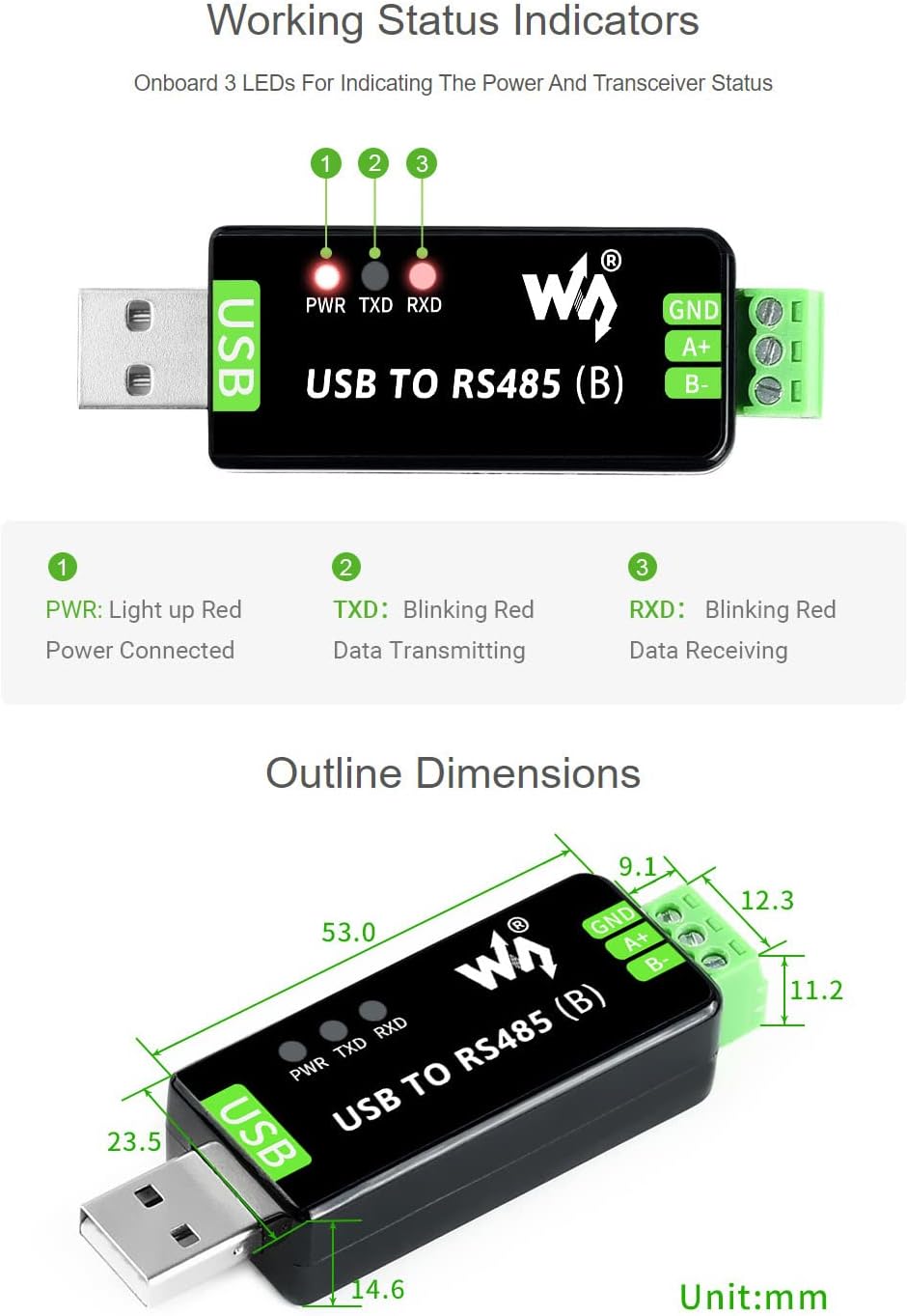 Working status indicators on Waveshare USB to RS485 converter