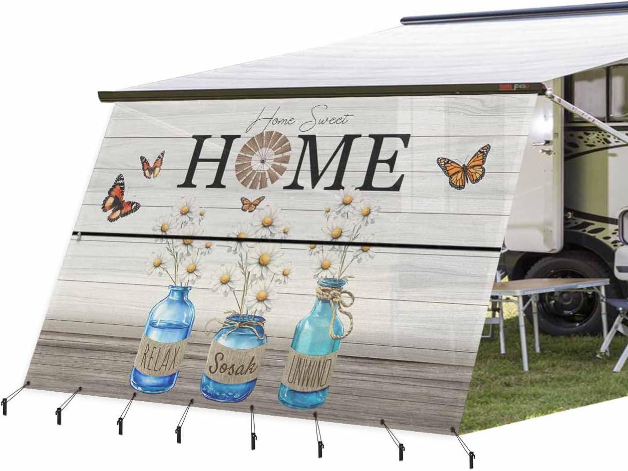 RV Awning Sun Shade Screen 9'X13.3' Sweet Home Mesh Sunscreen Butterfly Daisy Vase Text Awning Shade Screen with Zipper UV Blocker Completed Kits Outdoor Canopy for RV Motorhome Camper Trailer