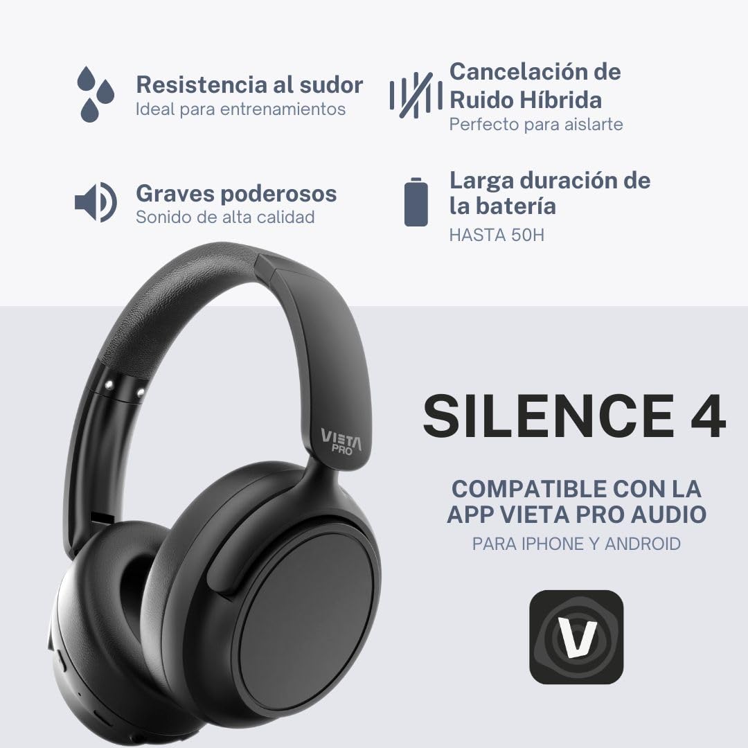 Vieta Pro Silence 4 Auriculares de Diadema Inalámbricos Bluetooth con Cancelación de Ruido Híbrida 35dB, 50h de Batería. Cascos Gaming con Micrófono Plegables, USB-C