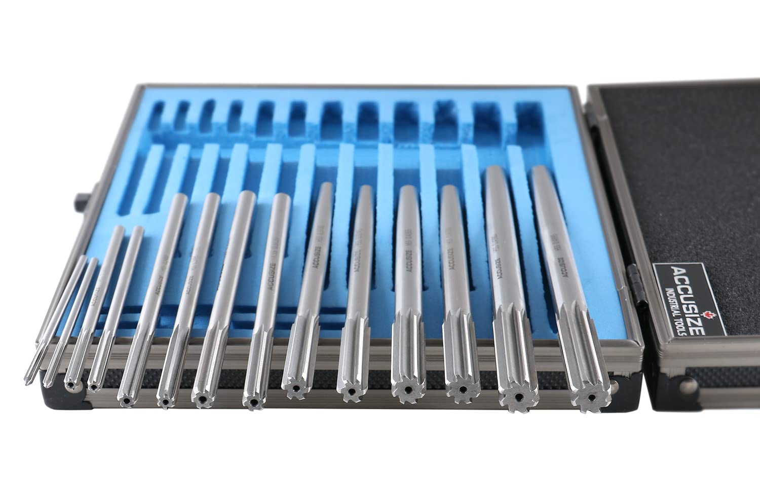 Accusize Industrial Tools Dübelstiftreibahle Größe: 0,3 cm bis 1,3 cm, HSS M2 Premium Spannreibahle, Rechtsschnitt, 14-teiliges Set, 5528-ST00