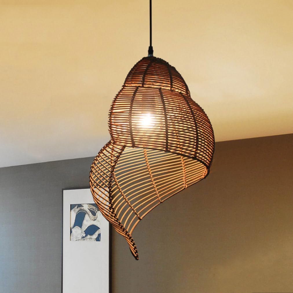 Retro Conch Pendant Lamp Hand Woven Ceiling Lighting Weave Bamboo Rattan E26 Hanging Light Fixture Retro Japanese Wicker Lamp Shade for Bedroom Restaurant Cafe Brown