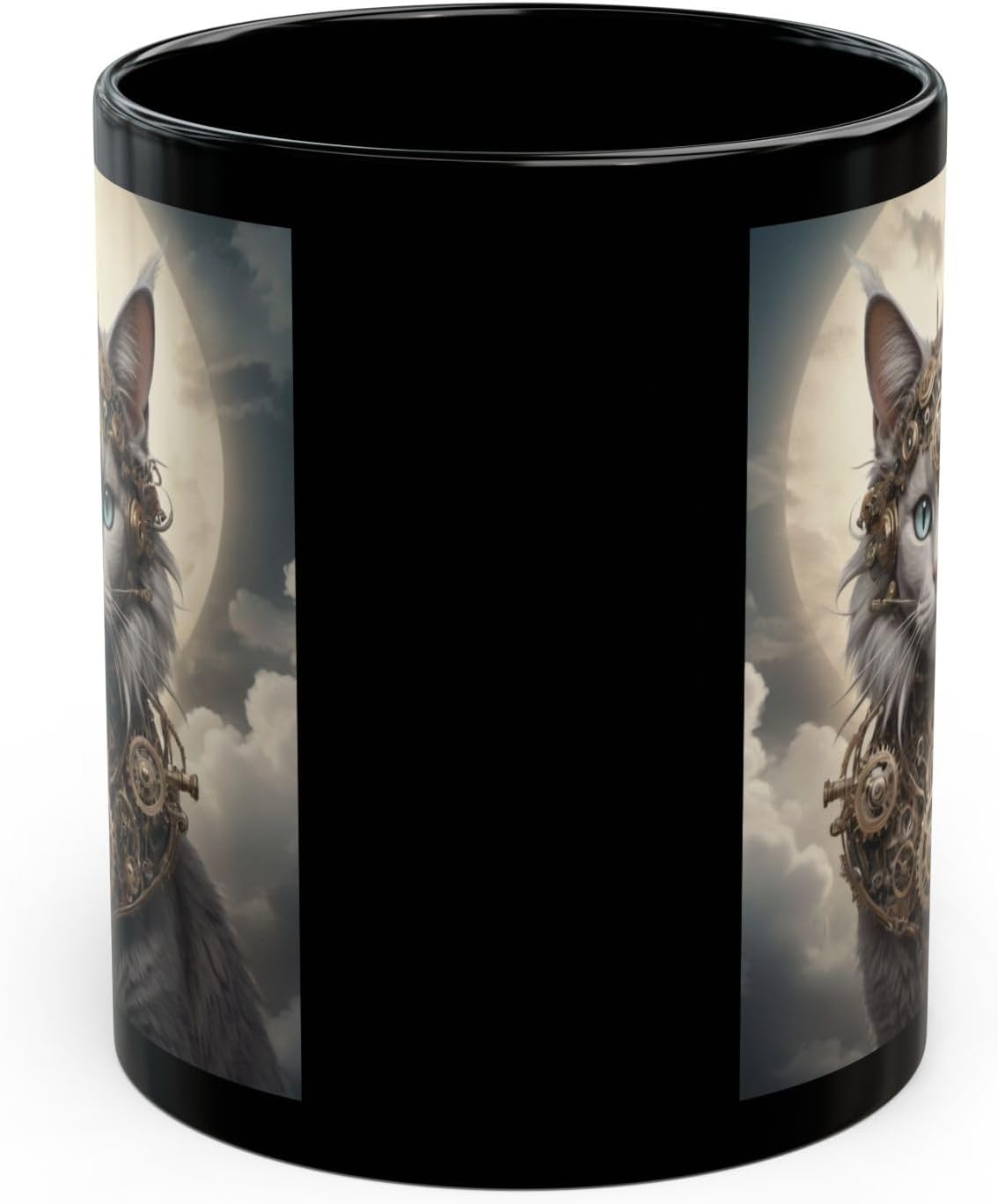 Steam-archy Feline Guardian Cat Black Mug (11oz, 15oz), Gear Graphic Design