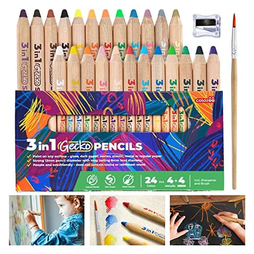 Colozoo Lápices de colores 3 en 1, juego de 24 colores, incluye pincel y sacapuntas, colores no tóxicos y veganos para edades de 3 y más