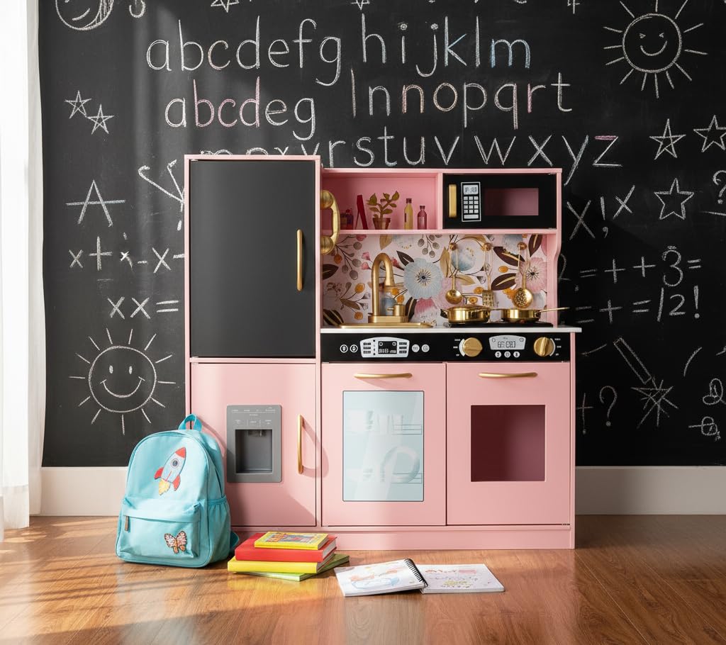 Leomark Cucina in legno per bambini MEMO PINK con tanti funzioni Ideale gioco per avventure culinarie creative per i piccoli chef impara ad preparare primi secondi e dolci Dimensioni 83x24x80 cm.