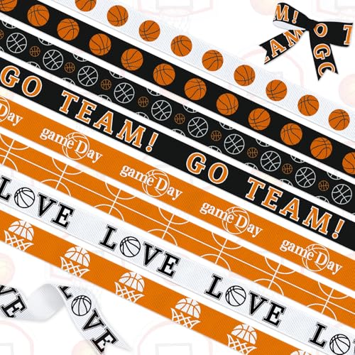 YKW Basketball Ribbons Set 8 Rolls x 3 Yards Each 3/8 Wide Grosgrain Ribbons for Gift Wrapping Party Decor DIY Crafts - Sports Themed Supplies for Home & Events