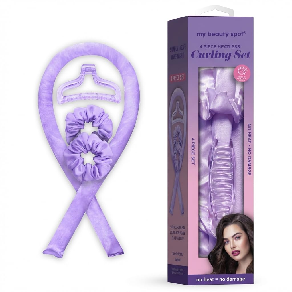 My Beauty Spot 4-Piece Ultra-Soft Satin Heatless Curling Set - Overnight No Heat Hair Curler Rod for Medium to Long Hair - Includes 2 Scrunchies & Clip