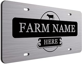 Personalized Farmers License Plates. Choice of tag Colors. Beautiful Brushed Aluminum. Your Farm or Ranch Name Will Shine!