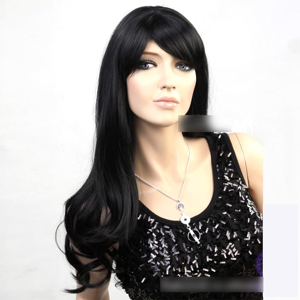 Sogood Fashion High-end Long Oblique Bangs Wavy Black Wigs for Ladies and Women Front Lace Wigs Hair Wigs