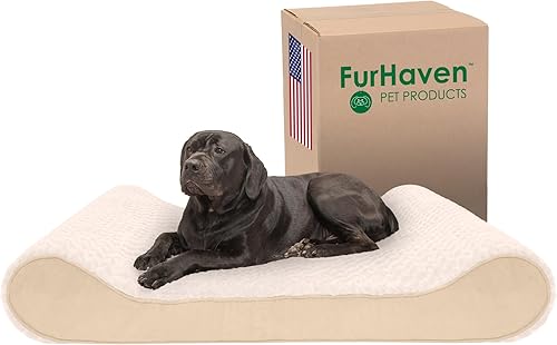 Furhaven - Cama de espuma viscoelástica para perro, piel sintética ultraafelpada y gamuza, con funda extraíble lavable, color crema, gigante (3XL)