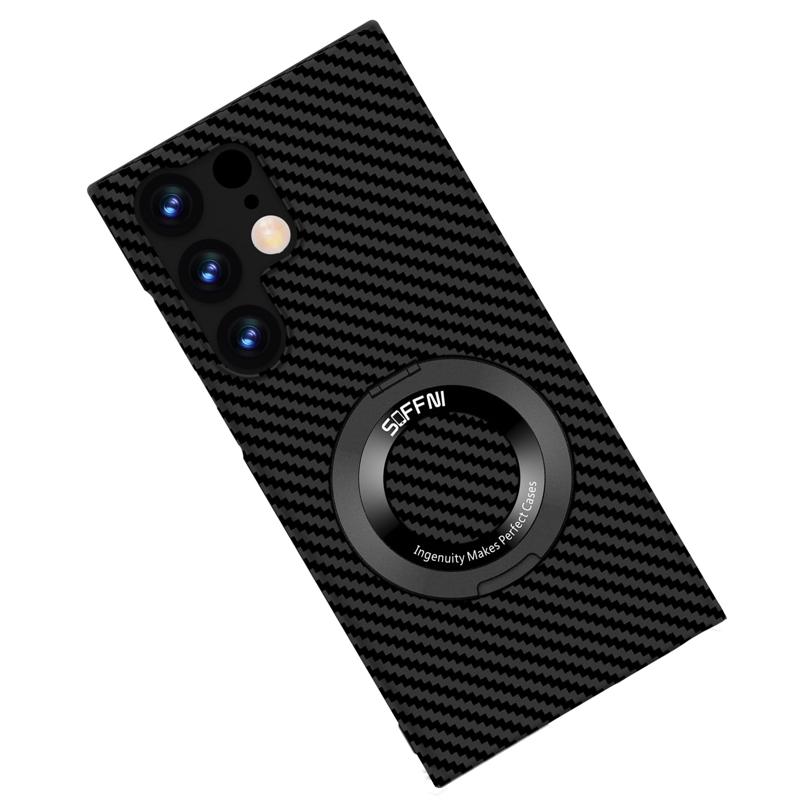 FLURIKA Magnetic Case for Samsung Galaxy S21 FE Case with Kickstand & Ring Holder, [Compatible with MagSafe] Carbon Fiber Slim Ultra Aramid Fiber Anti-Scratch Shockproof Case, Black