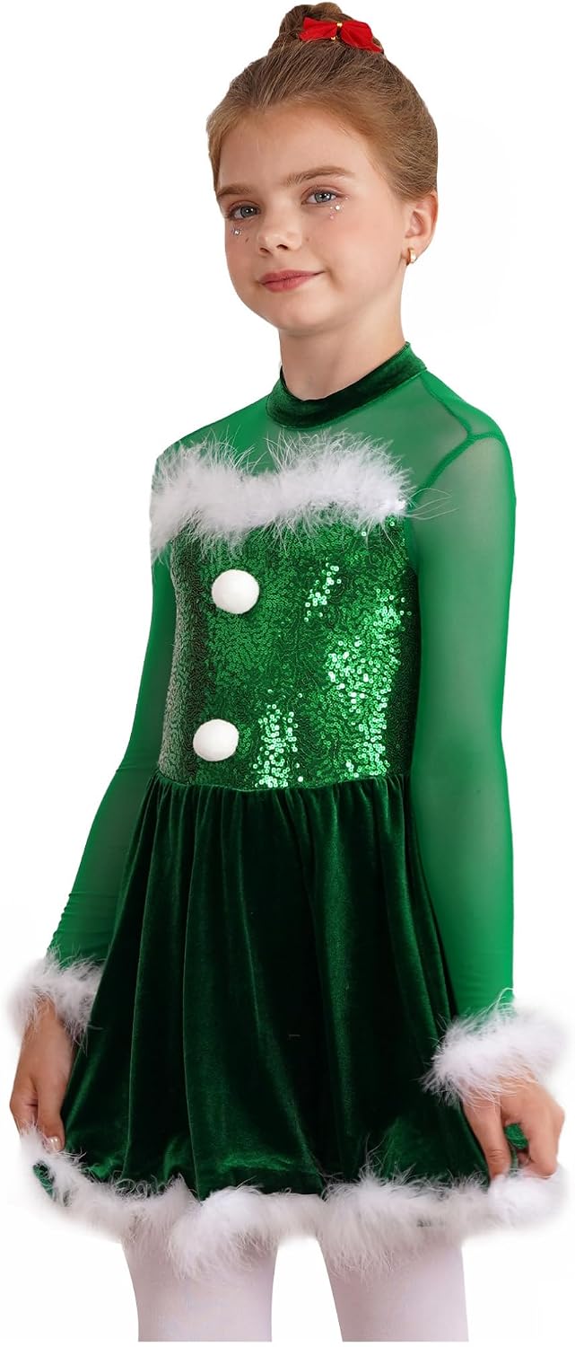 Hularka Kids Girls Christmas Dance Costume Long Sleeve Sequin Leotard Tutu Dress Figure Ice Skating Ballet Dance Dress