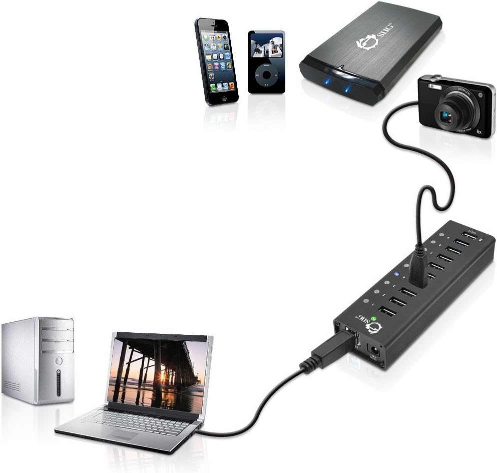 Creative Product SIIG 10 Port USB Hub with 9 USB 3.0 Data ports and 1 charging port, 12V/5A Power Adapter, for Tablets, Smartphones, Hard Disk