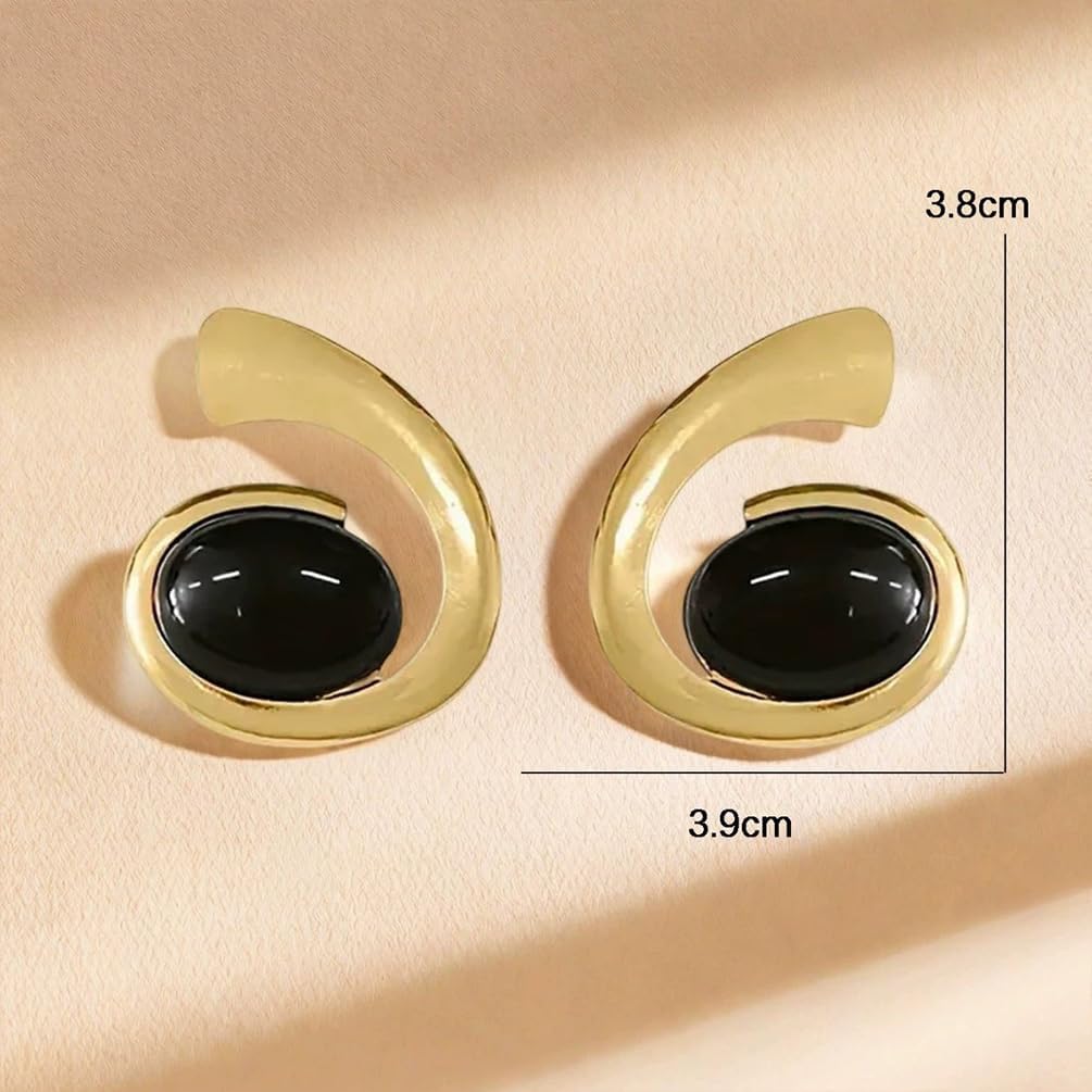 Chunky Gold Turquoise Swirl Stud Earrings for Women Statement Unique Black Oval Crystal Earring Vintage Jewelry Gift Western Party Costume Accessories - Image 2