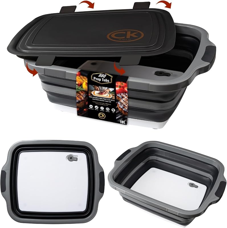 New XL Collapsible BBQ Prep Tub with LOCKING Lid, Cutting Board & Drain Hole | BPA-Free, Food-Grade, Space-Saving Prep Tubs for Marinating, Grilling, Camping & Outdoor Cooking (Black, 16L)