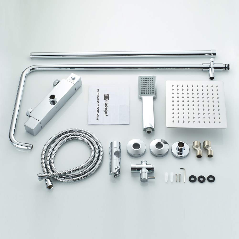 Ibergrif M21807 Columna Ducha Termostatica, 38° Sistema Columna Ducha Termostática, Sistema Columna de Ducha con Rociador, Alcachofa, Manguera, Barra Ajustable, Soporte, Barra Ducha Pared Cromo, Plata
