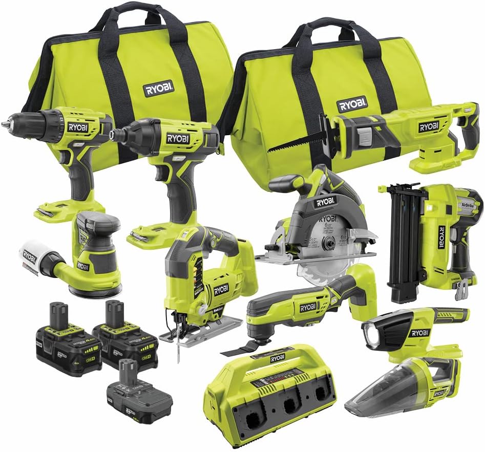 RYOBI ONE+ 18V Cordless 11-Piece Combo Kit with 3 Batteries and 6-Port SUPERCHARGER
