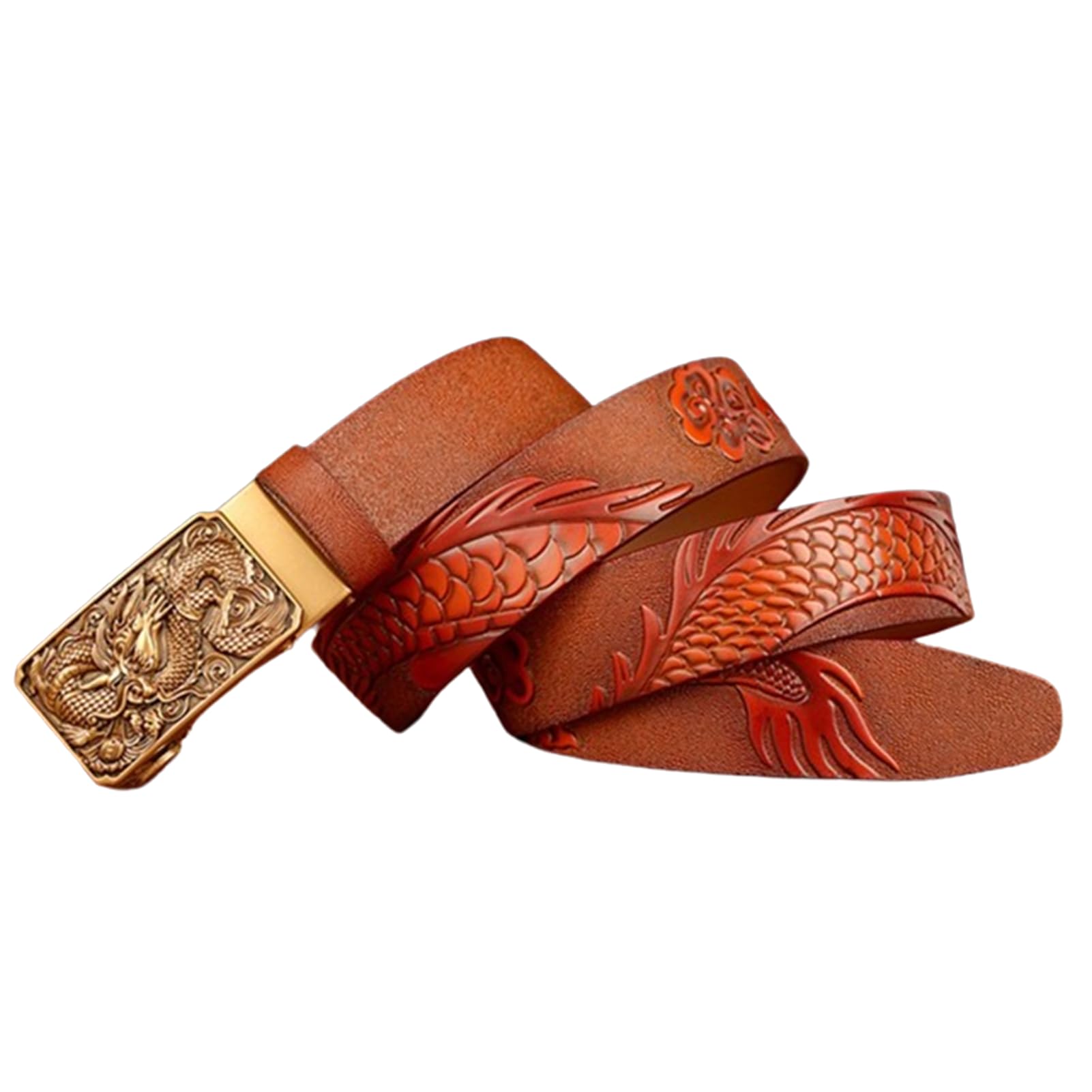 Cinturón De Trinquete For Hombre, Piel Auténtica, 3,5 Cm Ancho, Cierre Automático, Hebilla Deslizante, Escultura Decorativa Grabada En Oro