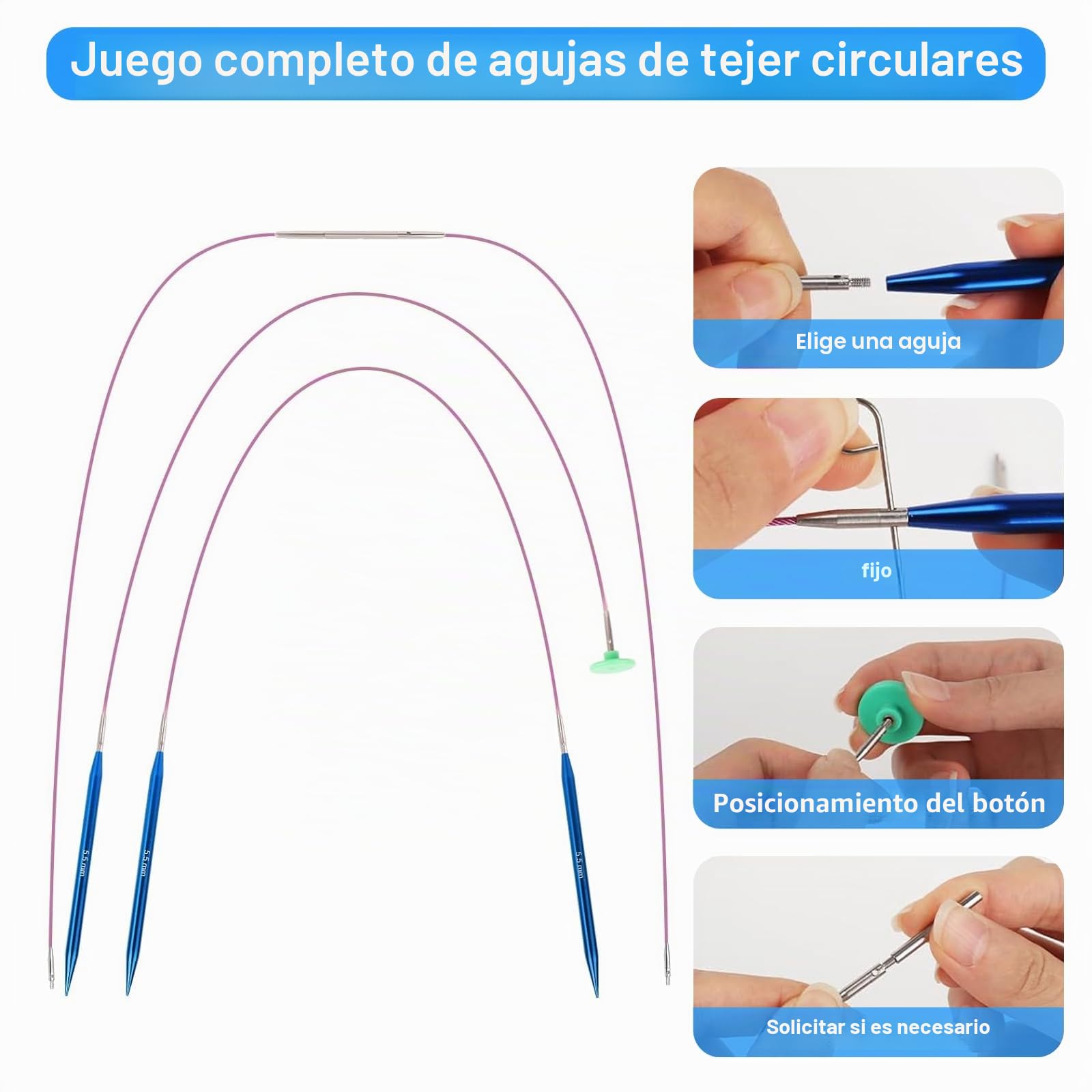 Juego de Agujas Circulares Intercambiables KOSLEOW, 13 Pares de Punteras 3,0-10,0mm con Cables 40/60/80/100cm, Agujas de Tejer de Aluminio Anodizado Azul para Lana Gruesa, Bolsa de Almacenamiento