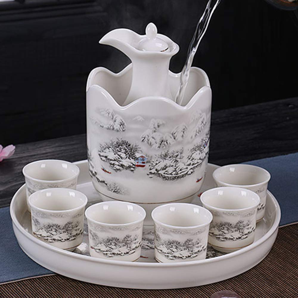 MRKU Set da sakè da 9 Pezzi, Set di Bicchieri da Vino in Ceramica Giapponese con scaldavivande e Vassoio, Tazze Tradizionali in Porcellana, Il miglior Regalo per la Famiglia e Gli Amici - Stoviglie