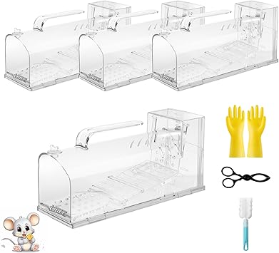 2025 Humane Mouse Trap,Sensitive Catch and Release Mouse Trap Indoor/Outdoor,4Pack Reusable Mice Trap Non Killer for Rat,No Touch Release,Small Rodent Capture Cage Includes Cleaning Brush,Clips,Gloves