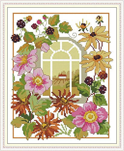 Image of Howie's Needlepoint Cross Stitch Kits, 14CT Pre-Printed Pattern Needlepoint Kits, Full Range of Stamped Starter Kits(The Four Seasons Scenery Window-Autumn,11.02 x 13.2 inch)