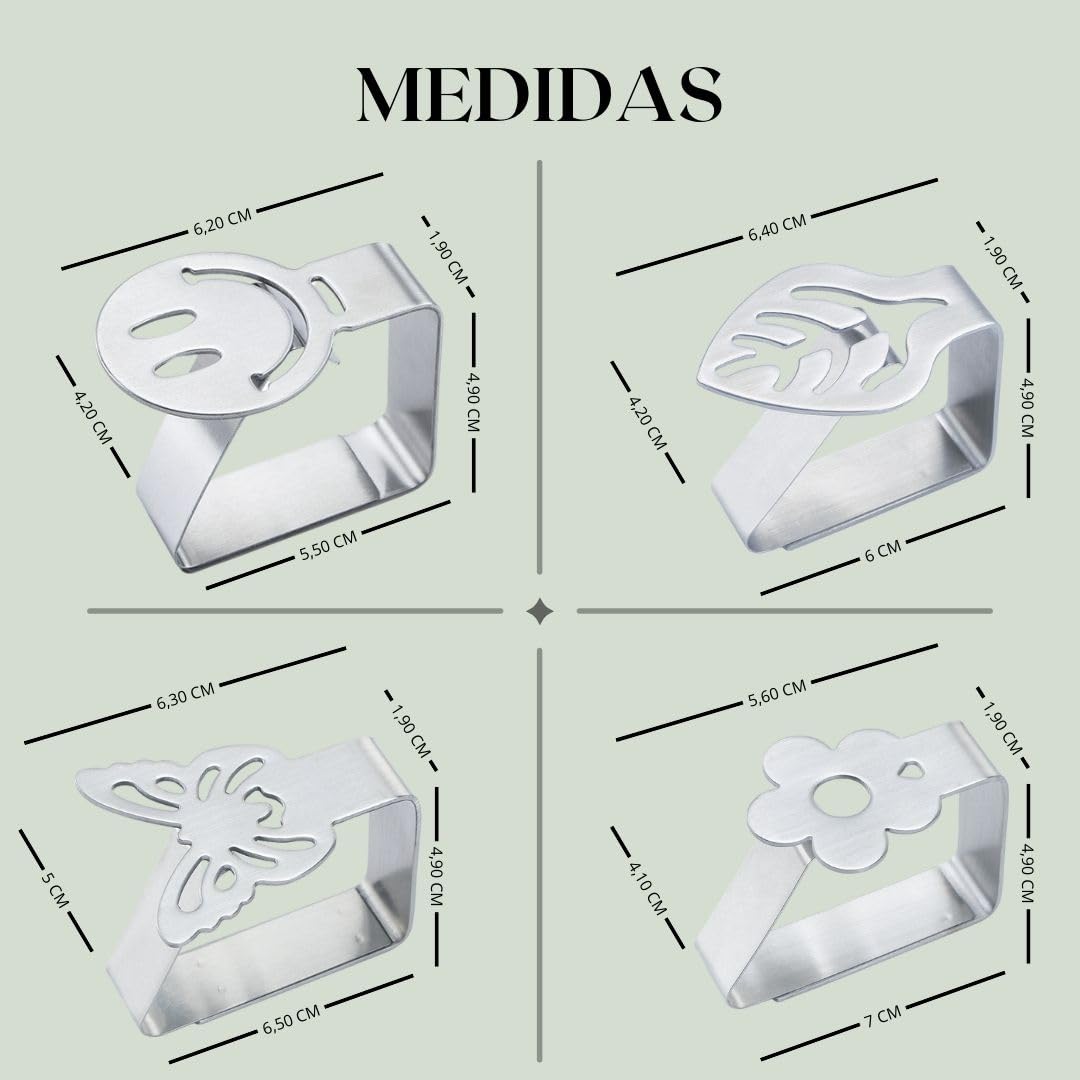 Pinzas para Mesa Exterior - Pack 4 - Clips Mesa de jardín Exterior - Sujeta manteles para Mesa de terraza - Agarra manteles - Acero Inoxidable - Accesorios Autocaravana (Flor)