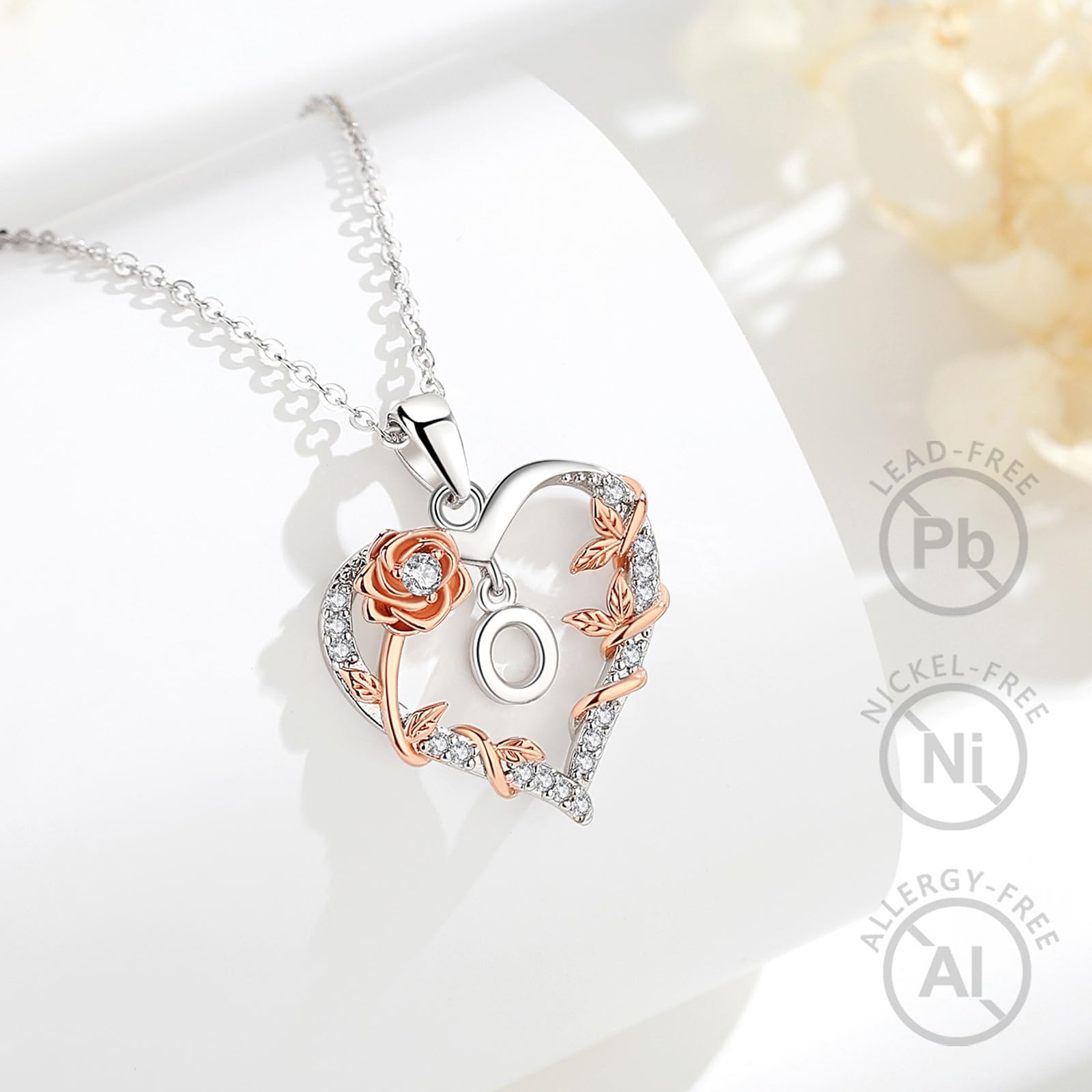 EUDORA Harmony Ball Collana con iniziali a Cuore Rosa per Donne, Lettera dalla A alla Z Collane con Iniziali dell'Alfabeto in Rame Placcato in Rodio Iniziali con Ciondolo Regali di Gioielli, 18"