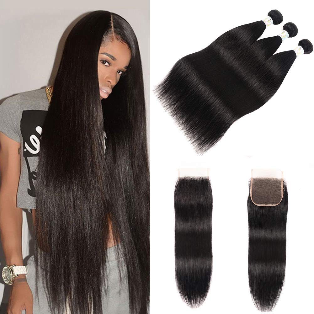 Baby Young hair Brazilian Straight Human Hair 3 Bundles with Lace Closure Free Part Straight Virgin Brazilian Hair with Bundles Natural Black Color Straight Hair Weaves Extension (12 14 16+10 Closure)