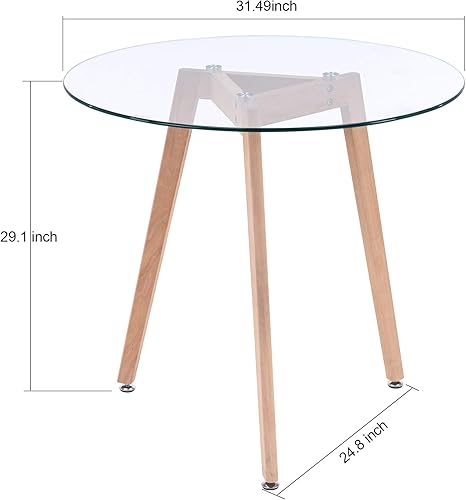 Miniatura 5 de Ivinta Mesa de comedor redonda de cristal, mesa de ocio moderna con patas de madera para cocina, comedor, sala de estar, mesa de té pequeña para 2,