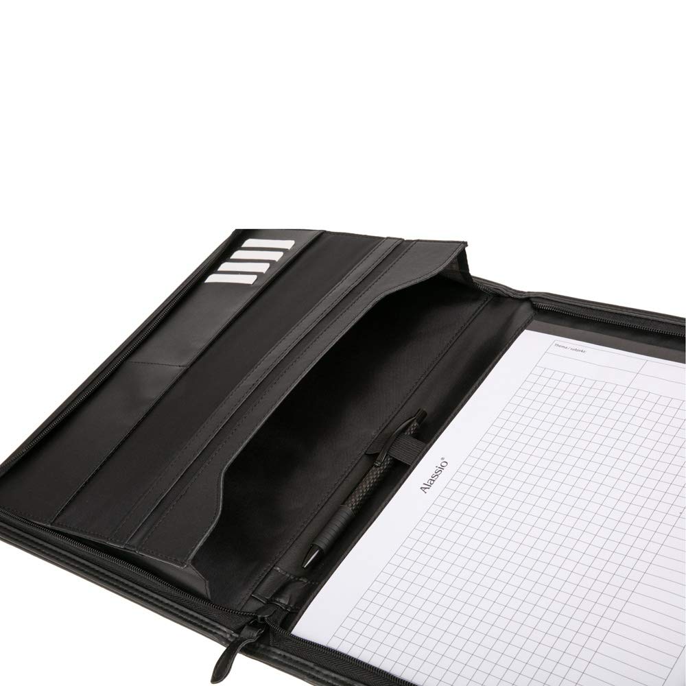 Alassio LORENZO 30067 - Carpeta con cremallera, DIN A4, color negro, carpeta organizadora aprox. 34 x 25 cm, carpeta de conferencias con bloc, compartimentos, trabilla para bolígrafo y 4