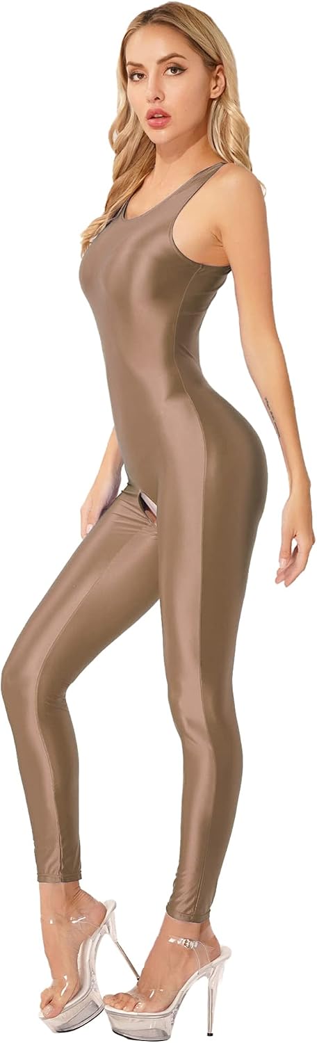 iEFiEL Womens Oil Full Suit Shiny Jumpsuit Onesie Catsuit Sleeveless Bodysuit Open Bodysuit Sleepwear