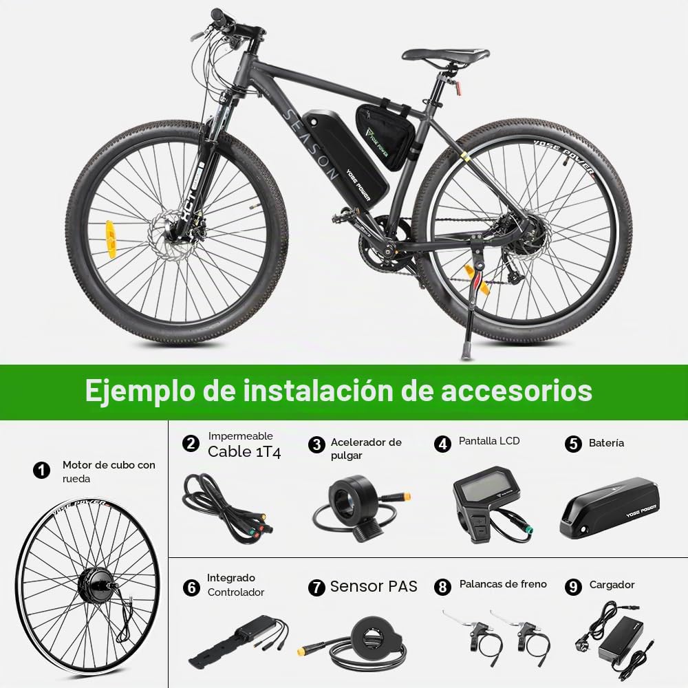 Yose Power, Kit de conversión de bicicleta eléctrica para ruedas traseras de 28 pulgadas 36 V/250 W motor trasero con controlador Hailong integrado 36 V 18 Ah batería