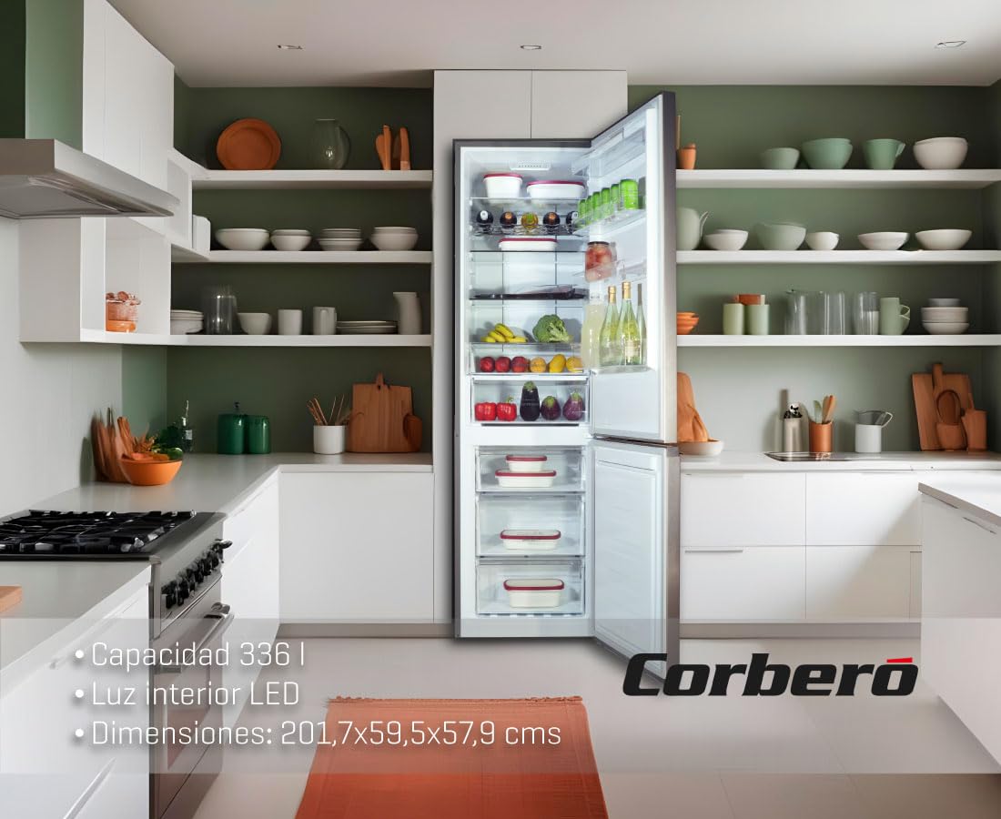 Corberó - Frigorífico Combi | CCM200834NFX | 336L | 57,9x59,5x202 | No Frost | Inverter | Luz LED | Fresh Box | Crisper | Balcones Ajustables | Estantes de Cristal | Huevera | 35 Db | Inox