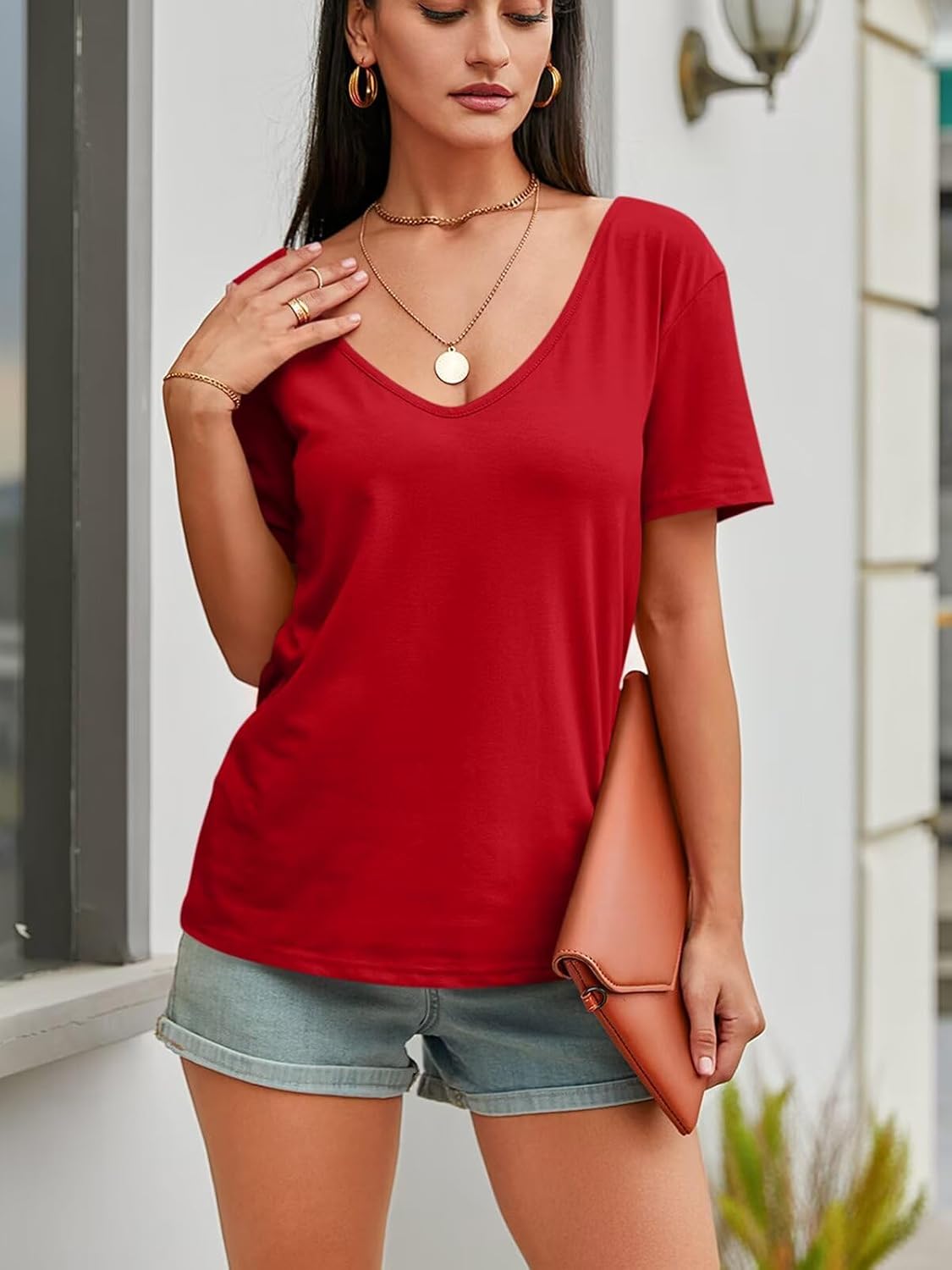 Womens Deep V Neck T Shirts Casual Short Sleeve Loose Fit Basic Fashion Tee Tops - Image 4