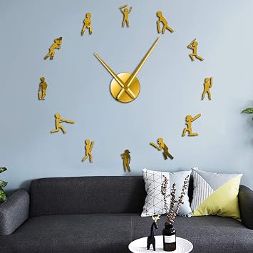 The Geeky Days Cricket Player Sportsman Silhouette DIY Giant Mute Wall Clock Sport Boys Teen Room Decor Cricketer Silent Movement Large Wall Watch Gift Home Decor Gold