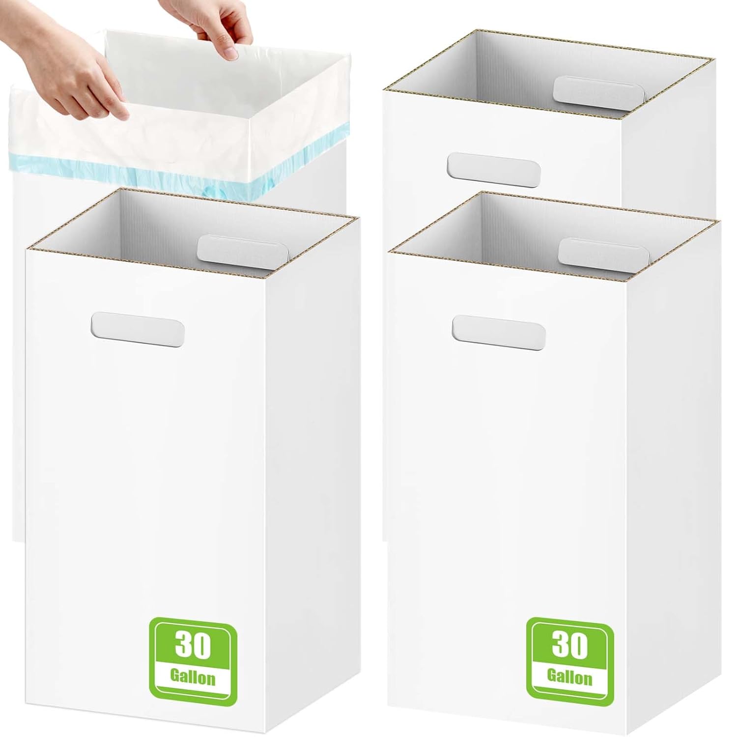 4 Pack 30 Gallon Extra Strong Corrugated Cardboard Disposable Trash Cans for Parties & Events – Heavy Duty Reusable Portable Garbage Cans, Recycling Trash Bins, (White, 30" H x 14" W x 14" D)