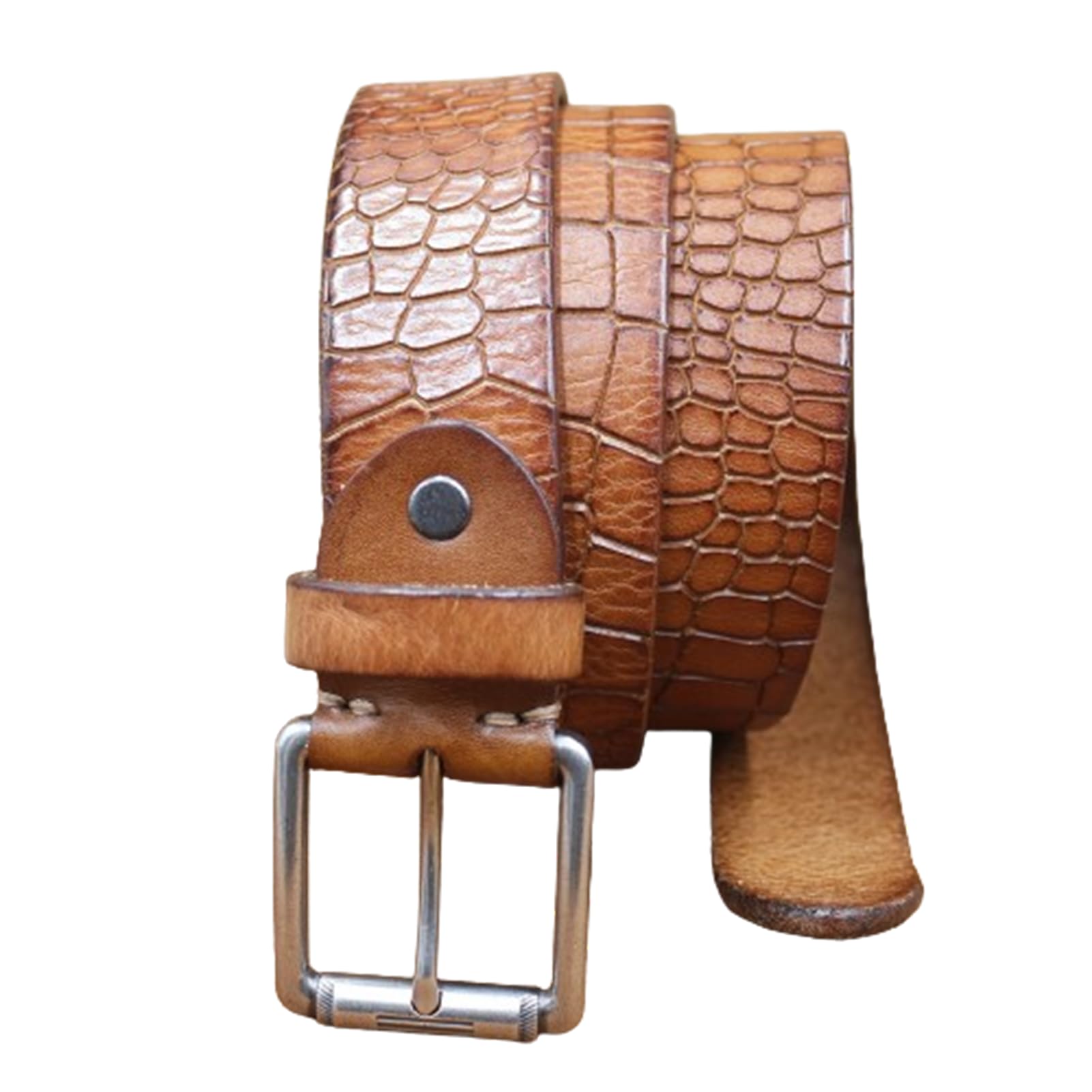 AGUTALITHIC Mens Womens Crocodile Pattern Leather Belt 1 1/2" (38 Mm) Waist Strap with Heavy Duty Single Prong Roller Buckle(130cm/51, Brown)
