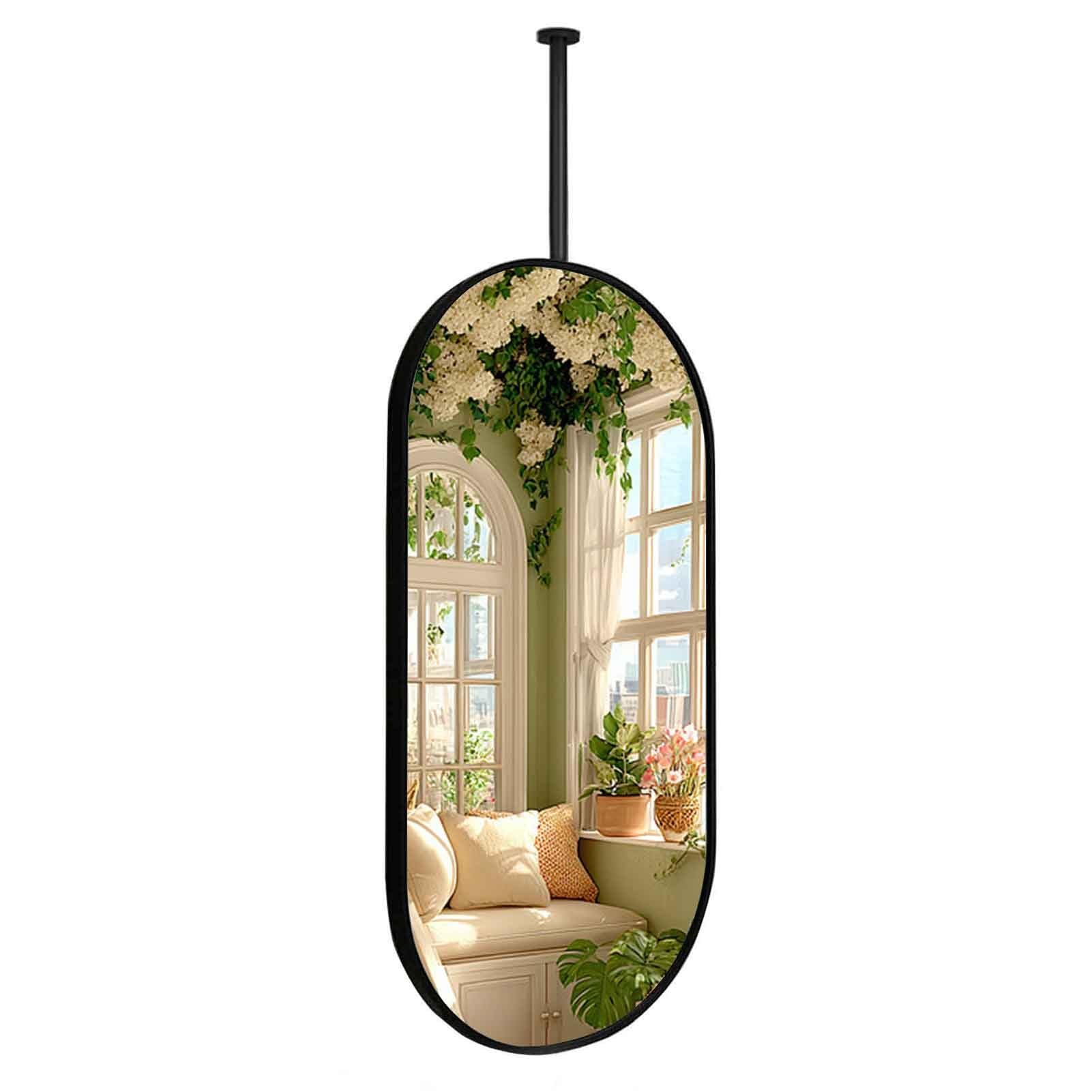 BKSXSOP Oval Ceiling Hanging Mirror with Black Metal Framed Vanity Makeup Mirrors Home Decor for Bathroom Restroom Hallway(40cmx60cm)