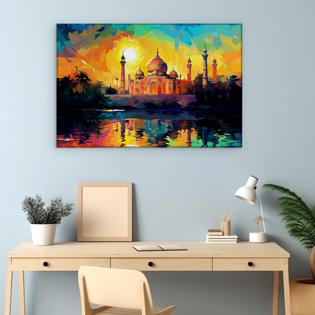 Canvas for Living room. Sunset Splendor at the Taj Mahal: A Vivid Digital Masterpiece, 27 x 18 inch Canvas Wall Art - Contemporary Masterpieces - Modern Home Decor - 69x46 cm (27x18 inch)
