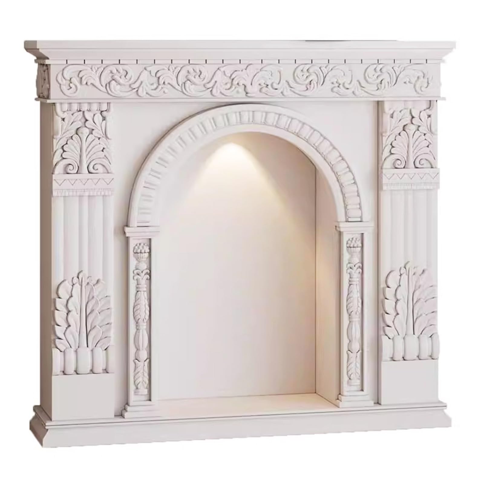 Mantels Surrounds Ornate Carved Wood Fireplace Mantel with Arched Opening & Magnetic Light Classic Decorated Frame(White)