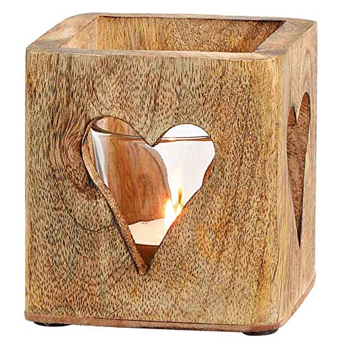 Windlicht aus Holz mit Herz Ausschnitten/Teelichthalter Vintage Rustikal 9 cm Cover