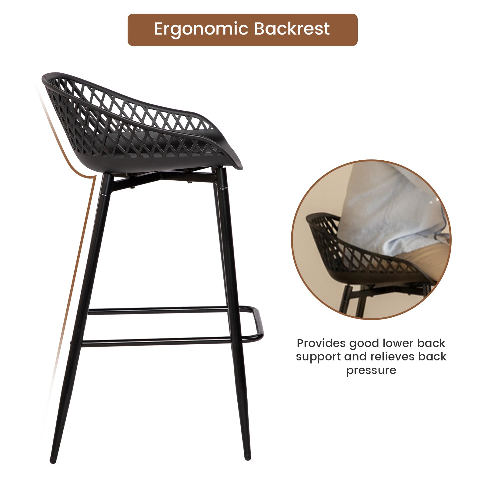 buybyroom Tabouret de Bar avec Dossier et Repose-Pieds, Lot de 4, Chaise Haute pour Cuisine, Îlot Central, Bar et Extérieur, Hauteur Assise 68cm, Pied en Métal, Noir