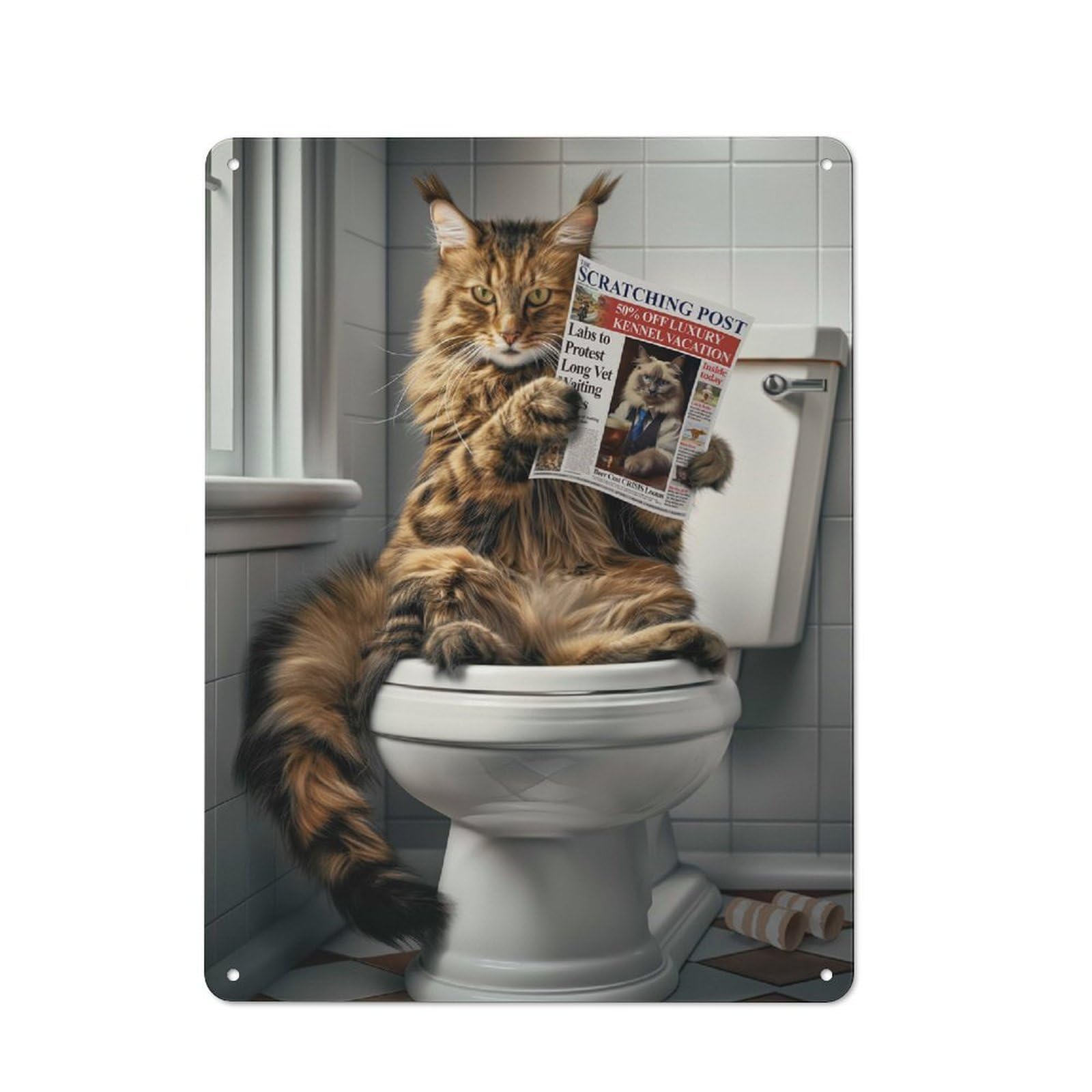 Maine Coon Cat on Toilet Metal Wall Art Sign 40x30cm, Old Fashioned Nostalgic Wall Art for Living Room, Hallway, Kitchen Or Cafe