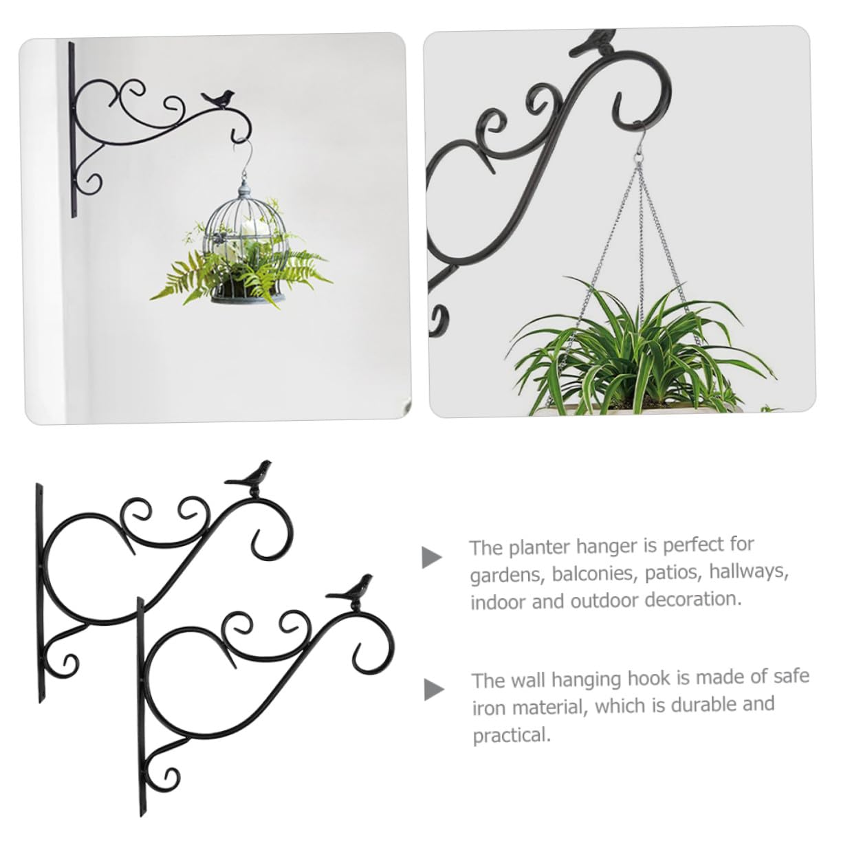 Crochet Mural pour Jardinière Suspendue Noir Fer, Lot de 2 Set de Set