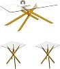 Tempered Glass Coffee Table Set of 3, Modern Rectangle Coffee Table with 2 Square End Side Table, 3 Piece Living Room Table Set - Sleek Design and Metal X Legs Gold