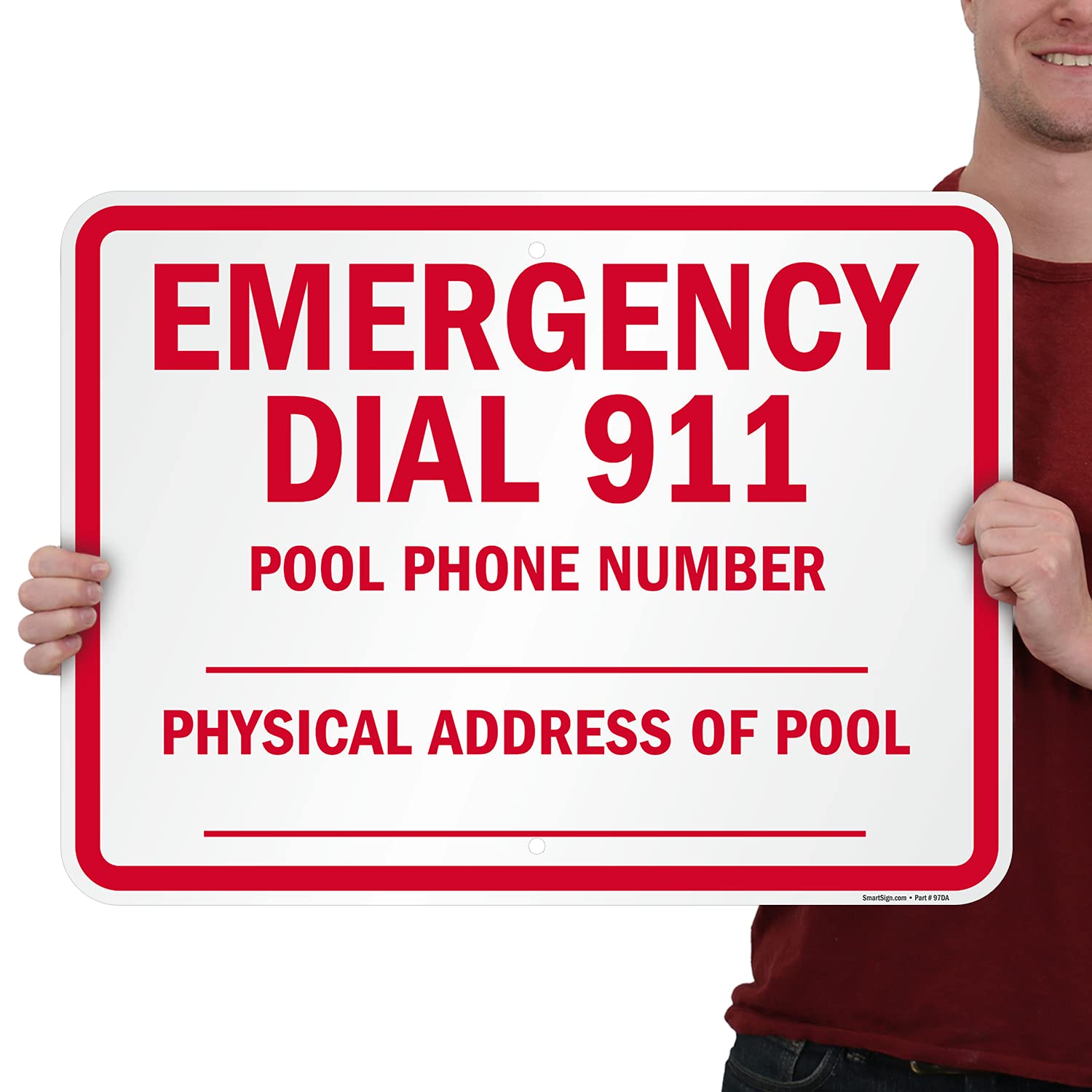 SmartSign 18 x 24 inch “Emergency Dial 911, Pool Phone Number, Physical Address” Write-On Metal Sign, 80 mil Laminated Rustproof Aluminum, Red and White